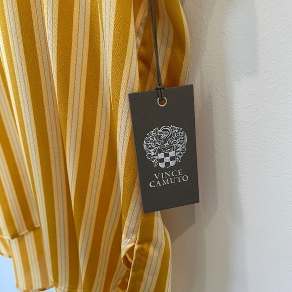 Vince Camuto Split Neck Stripe Top In Amber Sun - Picture 5 of 8